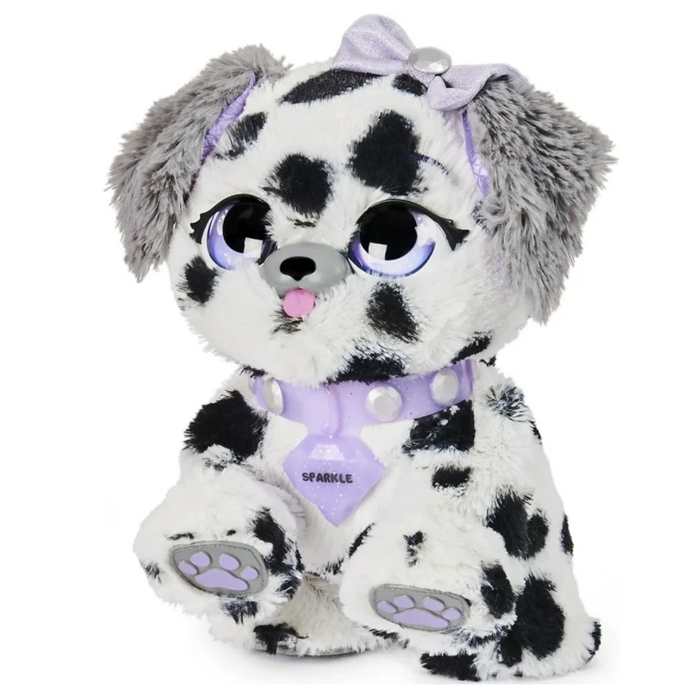 Sparkle Diamond Dalmatian Puppy Plush Toy with Purple Collar and Bow WORKS
